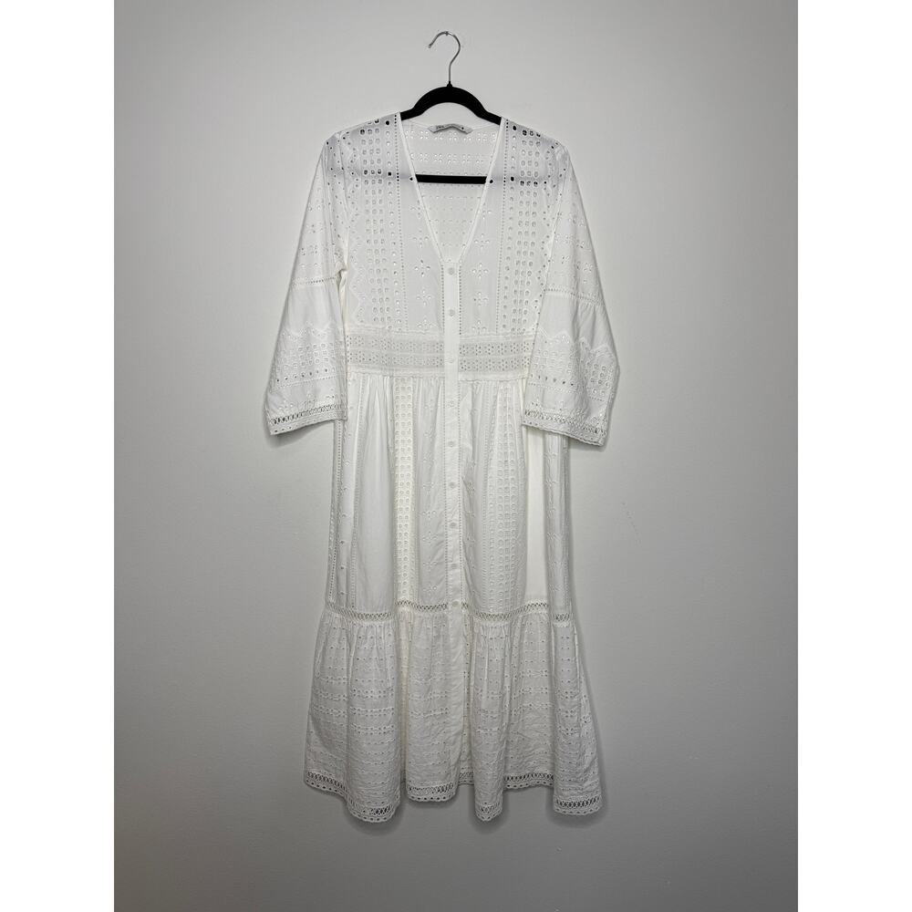 Zara White 100% Cotton Eyelet Dress Ruffle Embroidery Cottagecore Boho XS - Picture 3 of 10